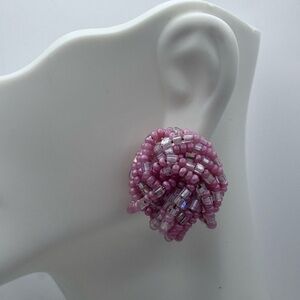 Vintage Pastel Pink & Iridescent Beaded Cluster Clip-On Earrings